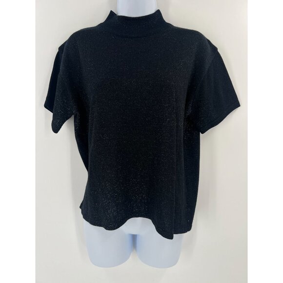 Joan Leslie Large Black Shimmer Mock Neck Short Sleeve Knit Sweater Top L - Picture 1 of 8